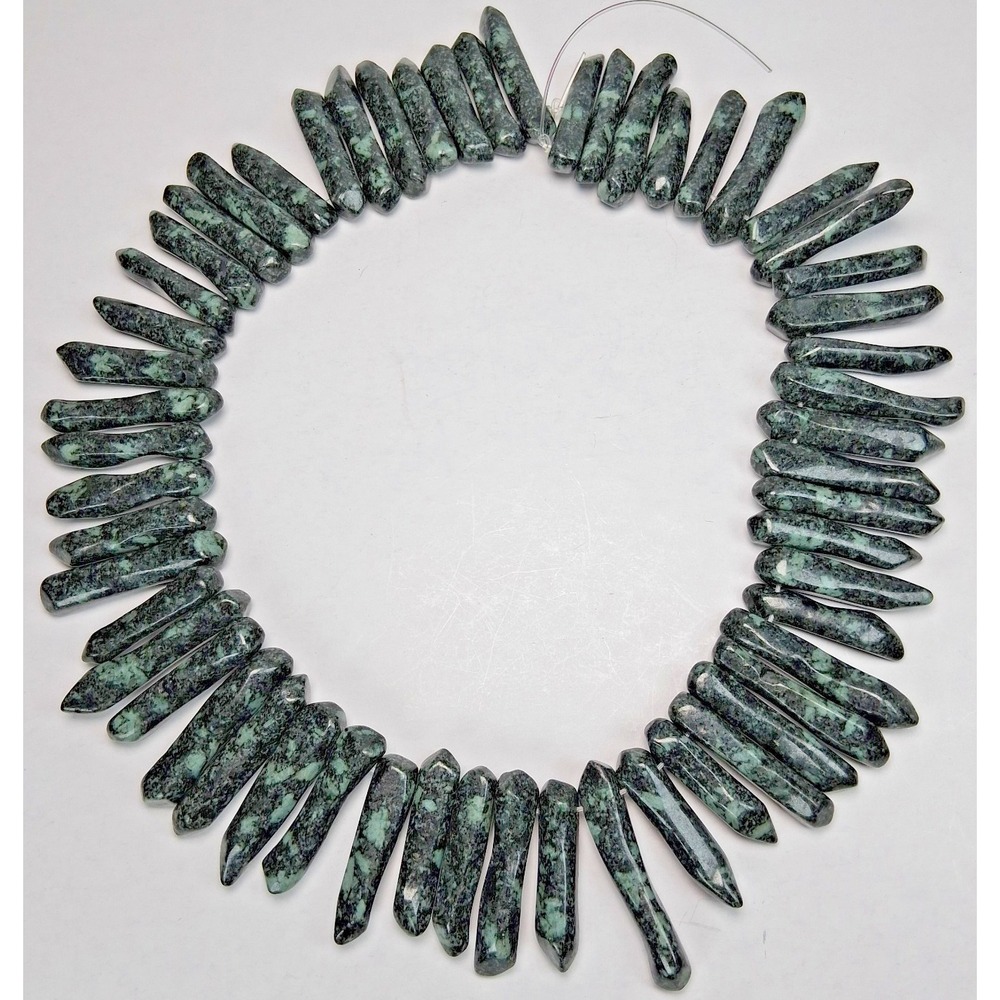 Natural Green & Black Spotted Stone Spike Beads 1" Top Drilled Point 16" Strand
